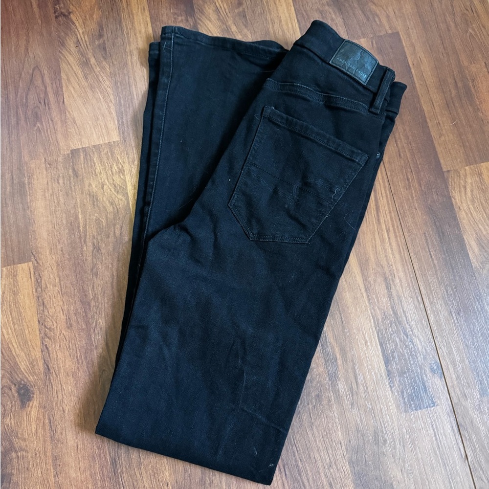 American Eagle AE Curvy Highest Rise Flare Black Button Fly Jeans Size 00 - Picture 2 of 11